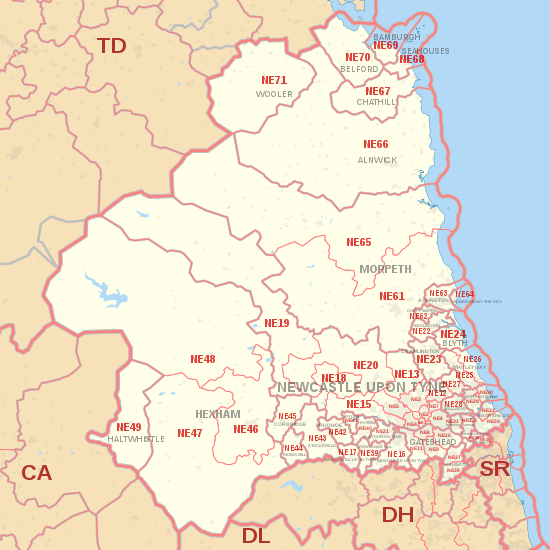 NE postcode area map, showing postcode districts, post towns and neighbouring postcode areas.