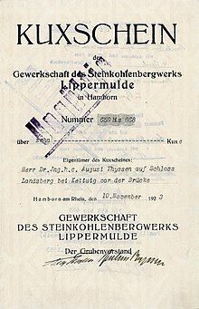 Kuxschein über 10 Kuxe der Gewerkschaft des Steinkohlenbergwerks Lippermulde, ausgestellt am 10. November 1923 in Hamborn am Rhein auf Dr. ing. h.c. August Thyssen