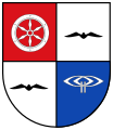 Coat of arms of Mainz-Lerchenberg showing an earlier version of the ZDF logo in its lower sinister quarter