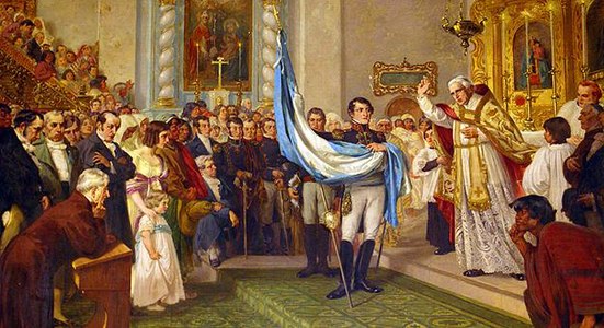 Benedicció de la Bandera Argentina pel canonge Juan Ignacio Gorriti a la Catedral de San Salvador de Jujuy, sostinguda per Manuel Belgrano