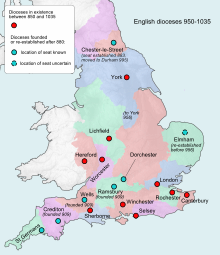 Carte montrant le découpage de l'Angleterre en diocèses.