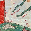 Detalle do mapa Beato de Las Huelgas, un dos últimos mapas da súa familia cartográfica. Sitúa Gallecia no noroeste da península ibérica. Ano 1220.