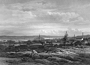 Näkymä Tampereelle pohjoisesta. Kuvitusta kuvateokseen Matkustus Suomessa (En resa i Finland, 1872–1874).