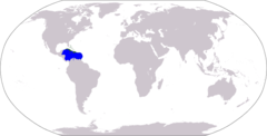 Mapa mundial amostrando o Caribe: Azul = Mar Caribe Verde = Antillas