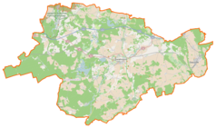 Mapa konturowa powiatu świebodzińskiego, u góry po lewej znajduje się owalna plamka nieco zaostrzona i wystająca na lewo w swoim dolnym rogu z opisem „Ciecz”