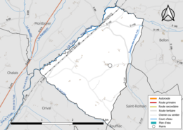 Carte en couleur présentant le réseau hydrographique de la commune