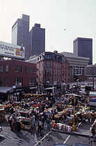 View west on Hanover Street from the Central Artery showing Haymarket, 1975