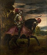 提齊安諾的《查理五世骑马肖像》，332 × 279cm，約繪於1548年，1827年始藏，來自查理五世的收藏[32]