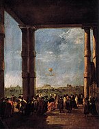 弗朗切斯科·瓜尔迪的《热气球升空》（Der Ballonaufstieg），66 × 51cm，约作于1784年，1901年始藏[78]