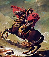 Napoleón cruzando los Alpes de Jacques-Louis David, 1801. Hijo de la Revolución, de ideario igualitarista (se dice que ponía en la mochila de cada soldado el bastón de mariscal), plasmó los ideales revolucionarios en una nueva institucionalidad política, administrativa y jurídica.
