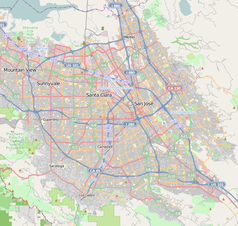 Mapa konturowa San Jose, blisko centrum u góry znajduje się punkt z opisem „Siedziba PayPal Holdings, Inc.”