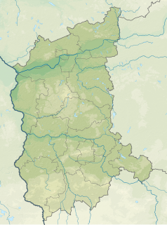 Mapa konturowa województwa lubuskiego, w centrum znajduje się owalna plamka nieco zaostrzona i wystająca na lewo w swoim dolnym rogu z opisem „Ciecz”