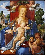 杜勒的《黄雀圣母（意大利语：Madonna del Lucherino）》，91 × 76cm，约作于1506年，1893年购入[35]