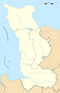 Mapa konturowa Manche, na dole po prawej znajduje się punkt z opisem „Romagny”