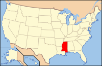 Kort over USA med Mississippi markeret