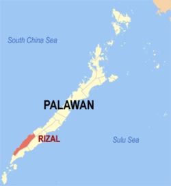 Mapa ng Palawan na nagpapakita sa lokasyon ng Rizal.