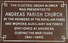 Plaque commemorating the donation of the organ blower to St Andrew's Church, Andreas.