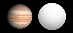 Porovnání velikosti planety TrES-1 (vpravo) s Jupiterem