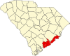 Mapa de Carolina del Sur con la ubicación del condado de Charleston