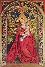 La Vierge à l'Enfant de Martin Schongauer avec une clôture de roses (1473), église des Dominicains de Colmar
