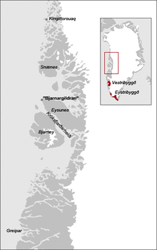 Der Kartenausschnitt zeigt den mittleren Teil der grönländischen Westküste mit einigen Ortsnamen.