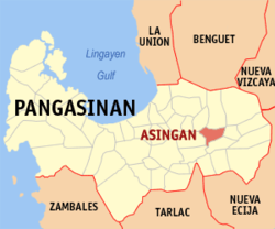 Mapa de Pangasinan con Asingan resaltado