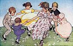 איור ילדים רוקדים Illustration by Jessie Willcox Smith in The Little Mother Goose (1912) of children playing "Ring-a-round-a roses"