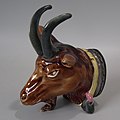 Snuff box, coloured glazes majolica with pewter lid, c. 1870, naturalistic goat figure
