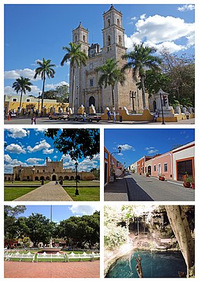 De baixo para cima e da esquerda para a direita: 1) Igreja de São Gervásio; 2) Convento de São Bernardino de Siena; 3) Calçado dos Frades; 4) Parque Central; 5) Cenote Zaci