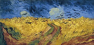 Sebuah lukisan ladang gandum dengan gagak-gagak beterbangan di atasnya.