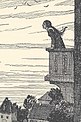 Zeichnung einer Frau mit langen, im Winde wehenden Haaren, die auf einem Balkon steht und sich mit den Händen an der Brüstung abstützt; am Himmel fliegen Vögel, unten sind Häuser und Bäume erkennbar, dahinter ein See oder Meer