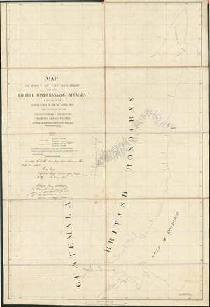 A yellowed map from 1859 with text that reads "Map of Part of the Boundary between British Honduras and Guatemala" and a mostly straight red line depicting the border between the two countries