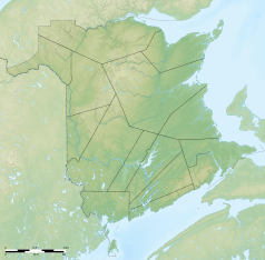 Mapa konturowa Nowego Brunszwiku, po prawej nieco u góry znajduje się punkt z opisem „Park Narodowy Kouchibouguac”