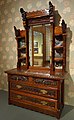 Dresser by Benn Pitman designer, Adelaide Nourse Pitman carver, Elizabeth Nourse attrib painter, c. 1882-1883, American black walnut, white oak, painted panels, glass, gilded brass