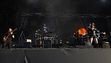 Cinq membres d'un groupe de rock jouant devant des écrans