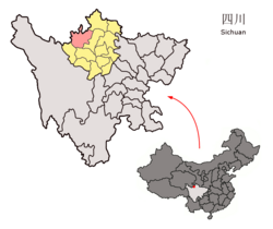 Location of Ngawa County (red) within Ngawa Prefecture (yellow) and Sichuan