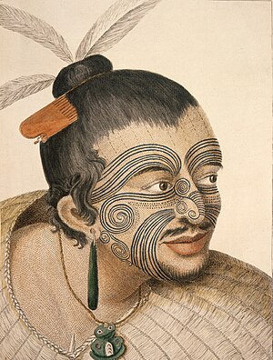 Retrato de un varón maorí en un grabado a color de Thomas Chambers publicado en 1784 basado en el realizado a tinta y agua por Sydney Parkinson, con toda probabilidad de alguno de los maoríes que visito el Endeavour en su estancia en Poverty Bay entre el 8 y 11 de octubre de 1769. Biblioteca Nacional de Nueva Zelanda, Wellington (Nueva Zelanda).