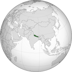 Image of a globe centred on Nepal, with Nepal highlighted.