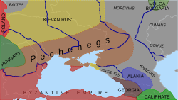 1030 yılı dolaylarında Peçenek toprakları (kahverengi ile gösterilmiştir)