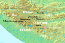 Les terres altes de Guatemala estan envoltades per la plana del Pacífic cap al sud amb la costa situada envers el sud-oest. El regne kaqtxikel se centrà a Iximché, ubicat a mig camí entre el llac d'Atitlan, a l'oest, i la moderna ciutat de Guatemala a l'est. El regne tz'utujil estava basat a la vora sud del llac i s'estenia cap a les terres baixes del Pacífic. Els pipils estaven situats més cap a l'est al llarg de la plana del Pacífic. El regne poqomam ocupava les terres altes a l'est de la moderna ciutat de Guatemala. El regne quitxé s'estenia al nord i a l'oest del llac Atitlan, amb llurs principals assentaments a Xelajú, Totonicapán, Q'umarkaj, Pismachí i Jakawitz. El regne mam cobria les terres altes occidentals frontereres amb el modern estat de Mèxic.