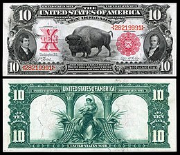 Series 1901 $10 legal tender depicting military explorers Meriwether Lewis, William Clark, and an American bison