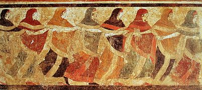 Táncoló peucetiai nők Ruvo di Puglia táncosainak sírján, freskó, Kr. e. 5-4. sz.