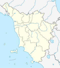 Mapa konturowa Toskanii, blisko centrum u góry znajduje się punkt z opisem „San Casciano in Val di Pesa”