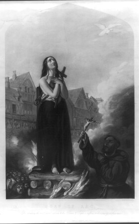 Jeanne d'Arc, après avoir rendu les services les plus remarquables à son prince et à son peuple, meurt en martyr pour leur cause. Gravure de C.W. Wass (une autre version est une gravure de 1849 du troisième panneau de The Penny Illustrated News du 1er décembre 1849. Vol 1, no 6, p. 45[6]).