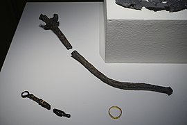 Objects from the grave of Lothair II, Holy Roman Emperor, lead scepter 1137 AD, gold ring 1100-1150 AD - Braunschweigisches Landesmuseum - DSC04578.JPG