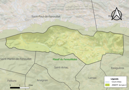 Carte de la ZNIEFF de type 2 sur la commune.