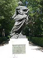 Estatua de Carlos III (Jardín Botánico de Madrid, la original en la plaza Mayor de Burgos), modelado de Alfonso Bergaz y fundición de Domingo Urquiza, 1784.[47]​