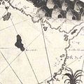 Detail van Pierre Desceliers' kaart uit 1550 met de noordwestkust van Australië, met een eiland, Arenes, op de plaats van de Houtman Abrolhos