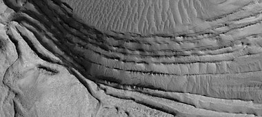 Close view of layers, as seen by HiRISE under HiWish program. Picture is about 1 km across.