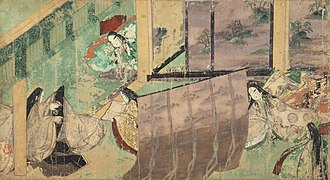 Tsukuri-e [fr] painting, with vivid tones typical of primary yamato-e, Genji Monogatari Emaki, 12th century